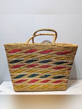 Carefree Weaved Straw Beach Tote Large Multicolor Made In USA‎